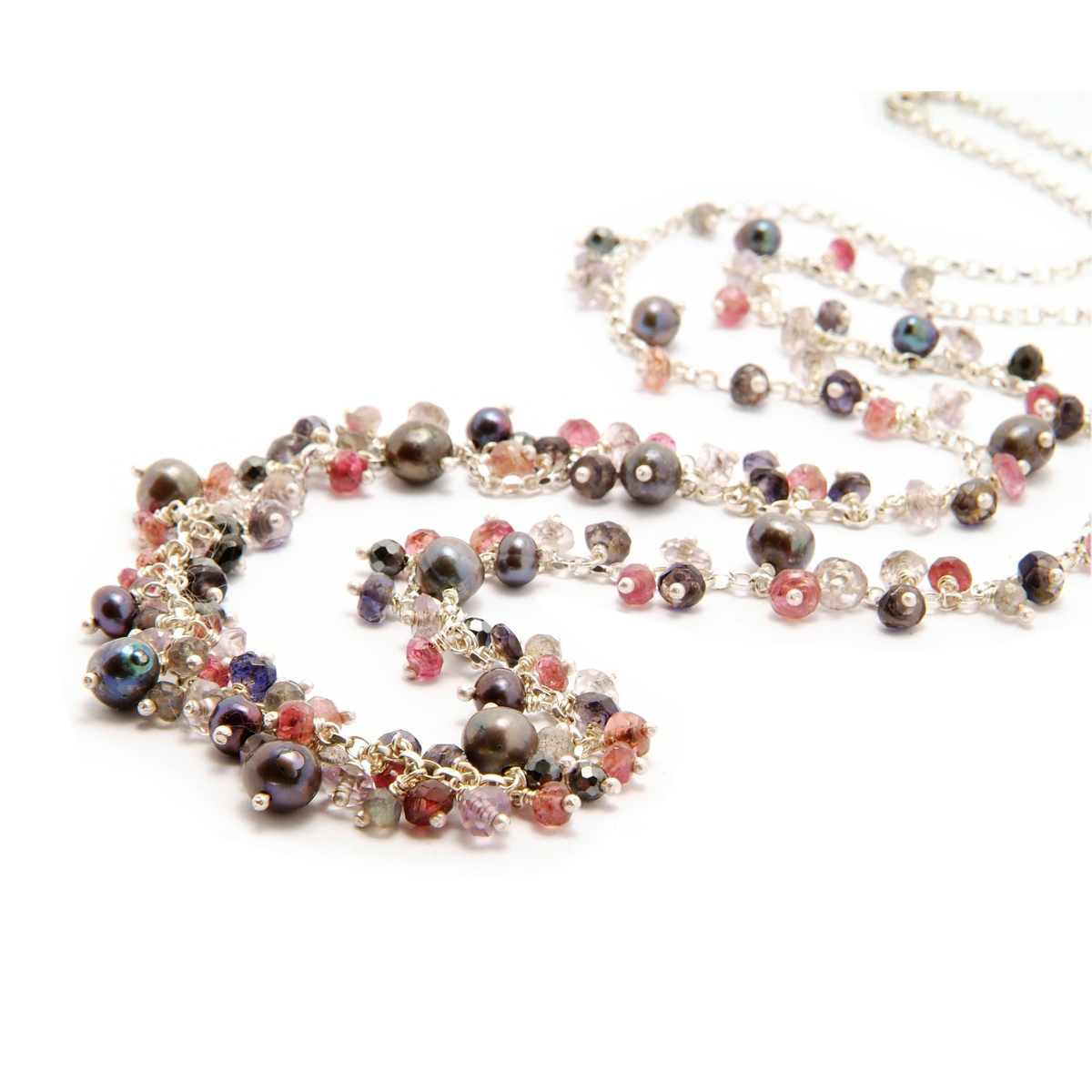 Cluster silver mixed gemstone necklace