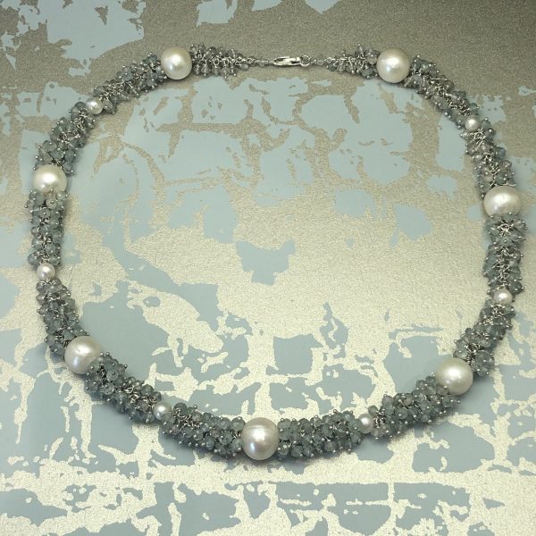 cluster eternity necklace aquamarine and pearl