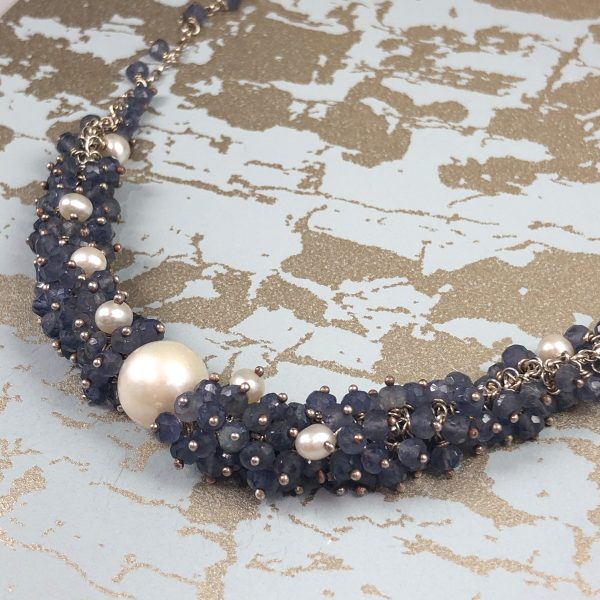 cluster necklace iolite and pearl 1