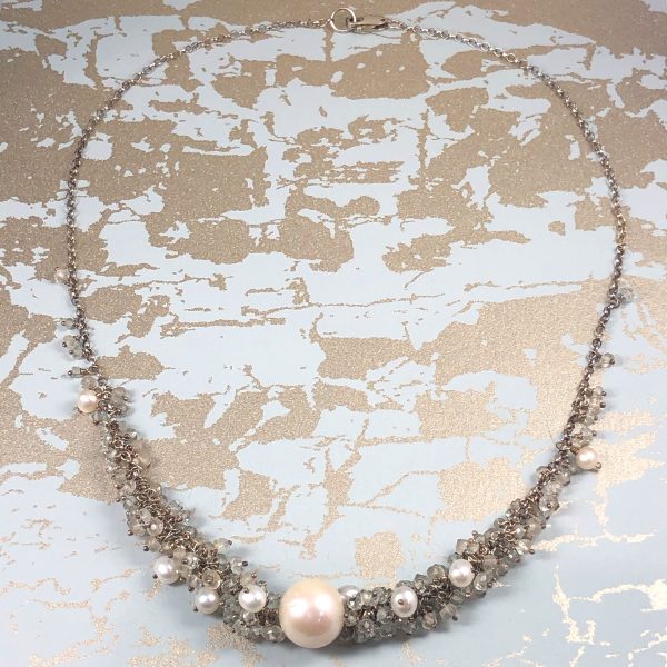 cluster necklace aquamarine and pearl