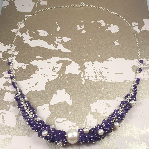 cluster necklace amethyst and pearl