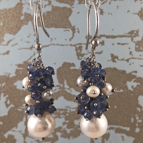 cluster earrings iolite and pearl