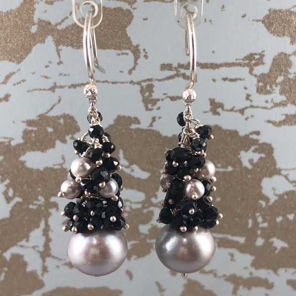 cluster earrings black spinel and grey pearl