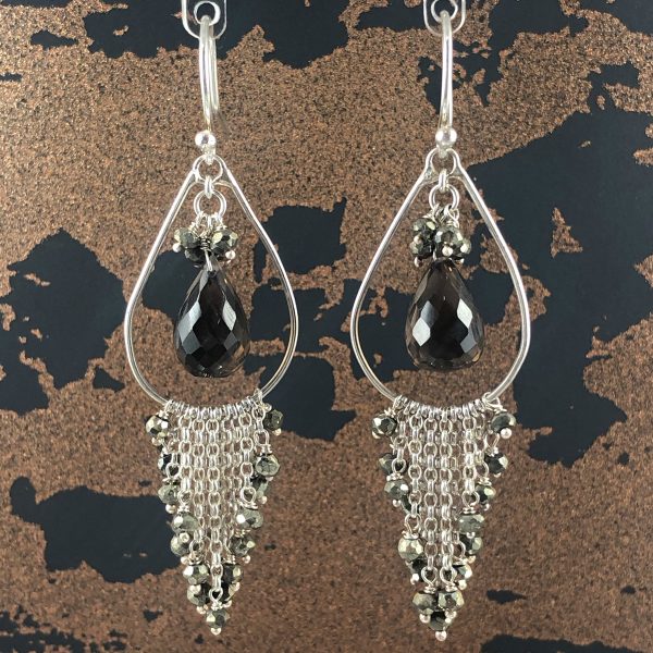 Boholux earrings smoky quartz and iron pyrite