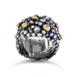 Molecule eternity ring oxidised silver & 18ct gold 15mm wide