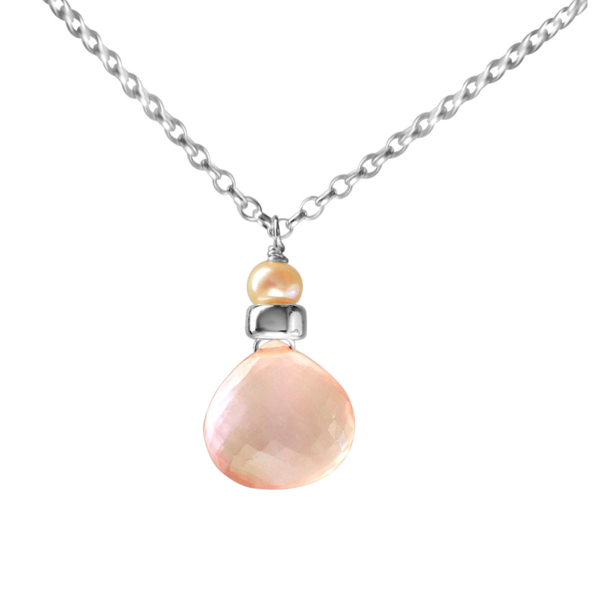 Perfume Bottle rose quartz and white pearl necklace