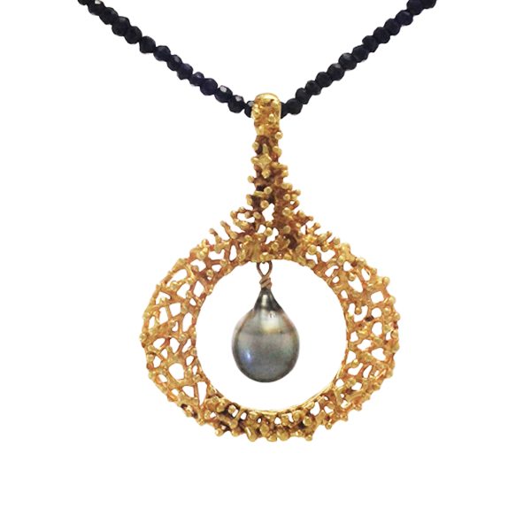 Twiggy gold plated pendant with Tahitian pearl and black spinel
