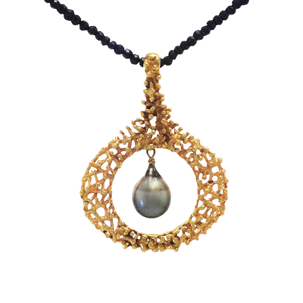 Twiggy gold plated pendant with Tahitian pearl and black spinel