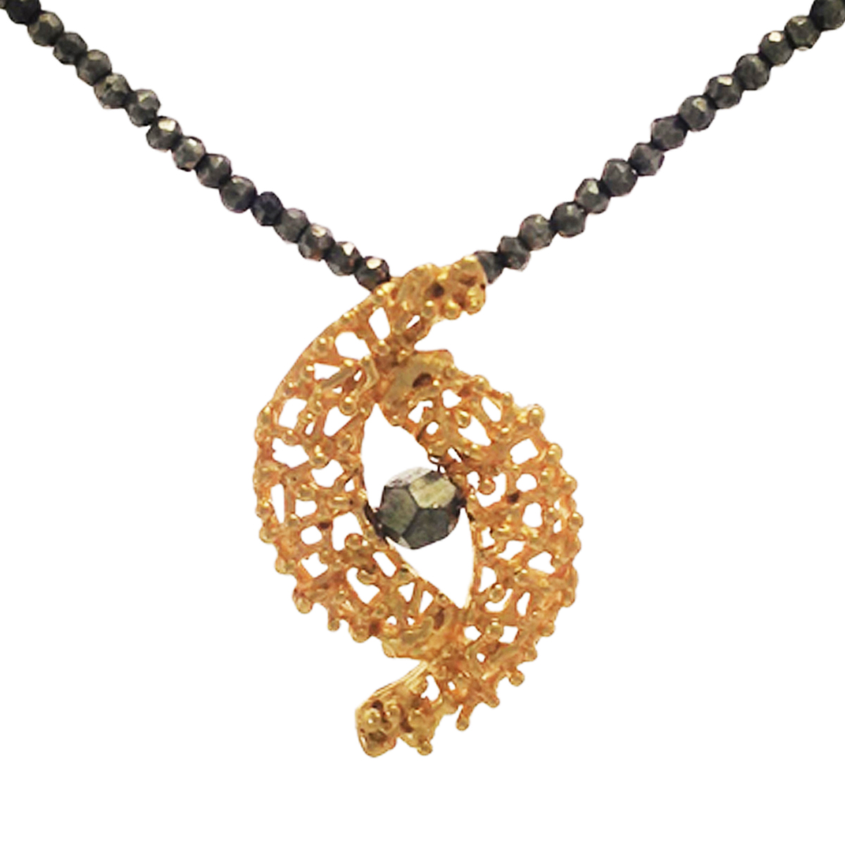 Twiggy gold plated inverse crescent pendant with pyrite